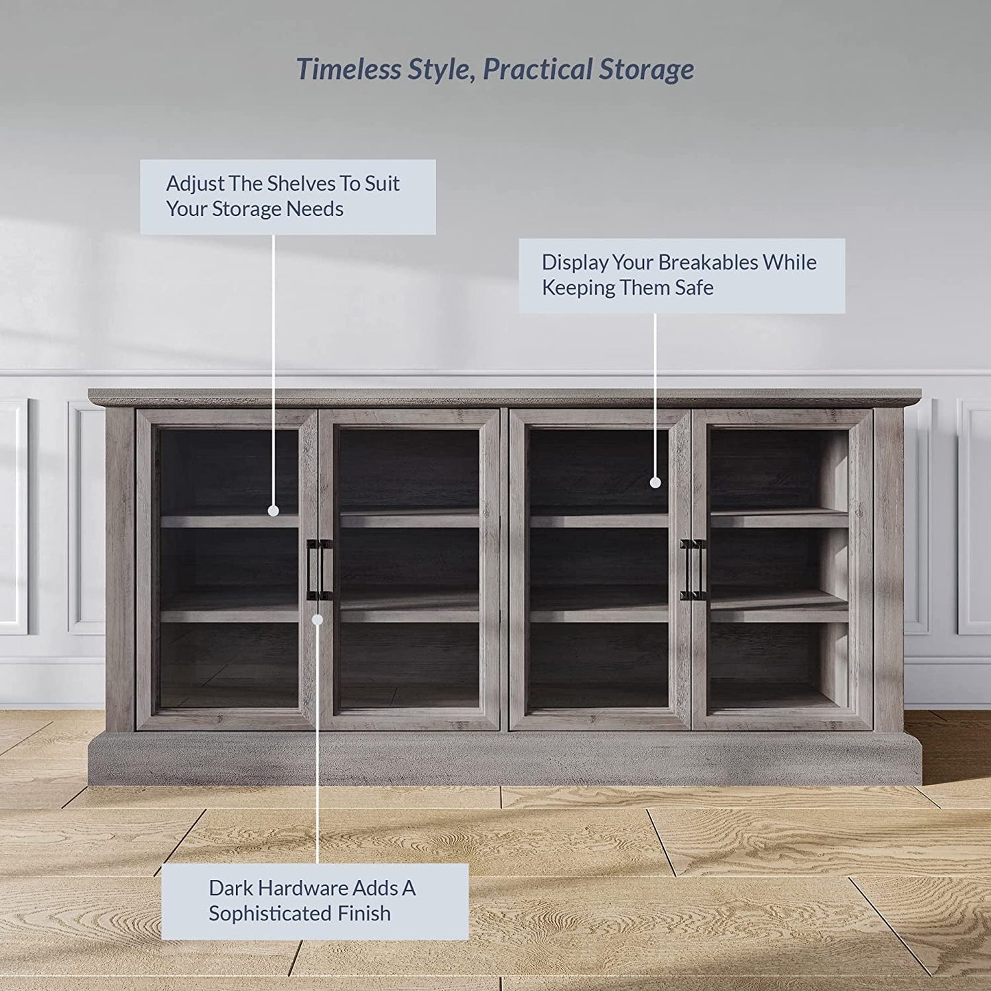 Wooden Gray Wash Sideboard with Glass Display Cabinet