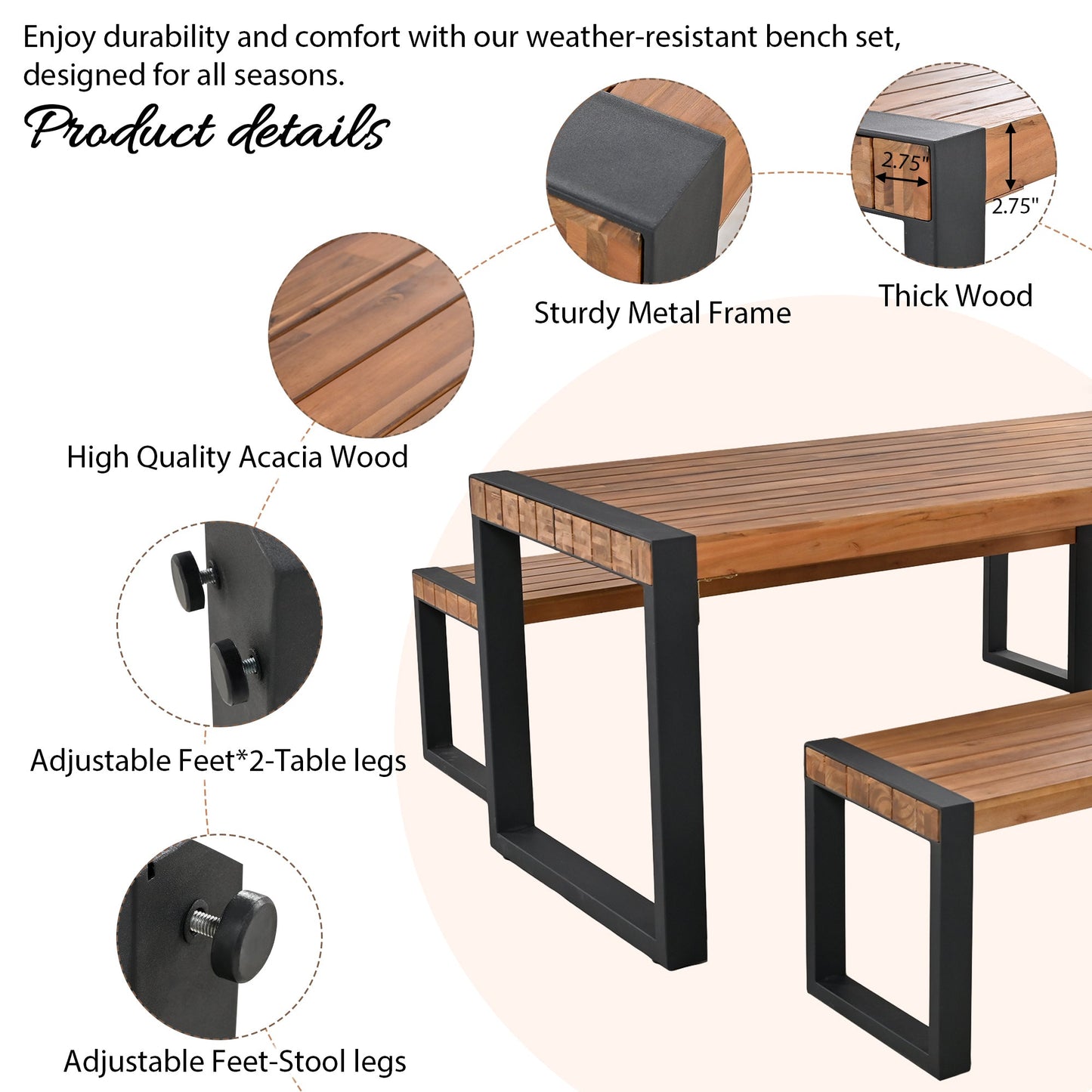 Acacia Wood Three Piece Outdoor Dining Table With Two Benches