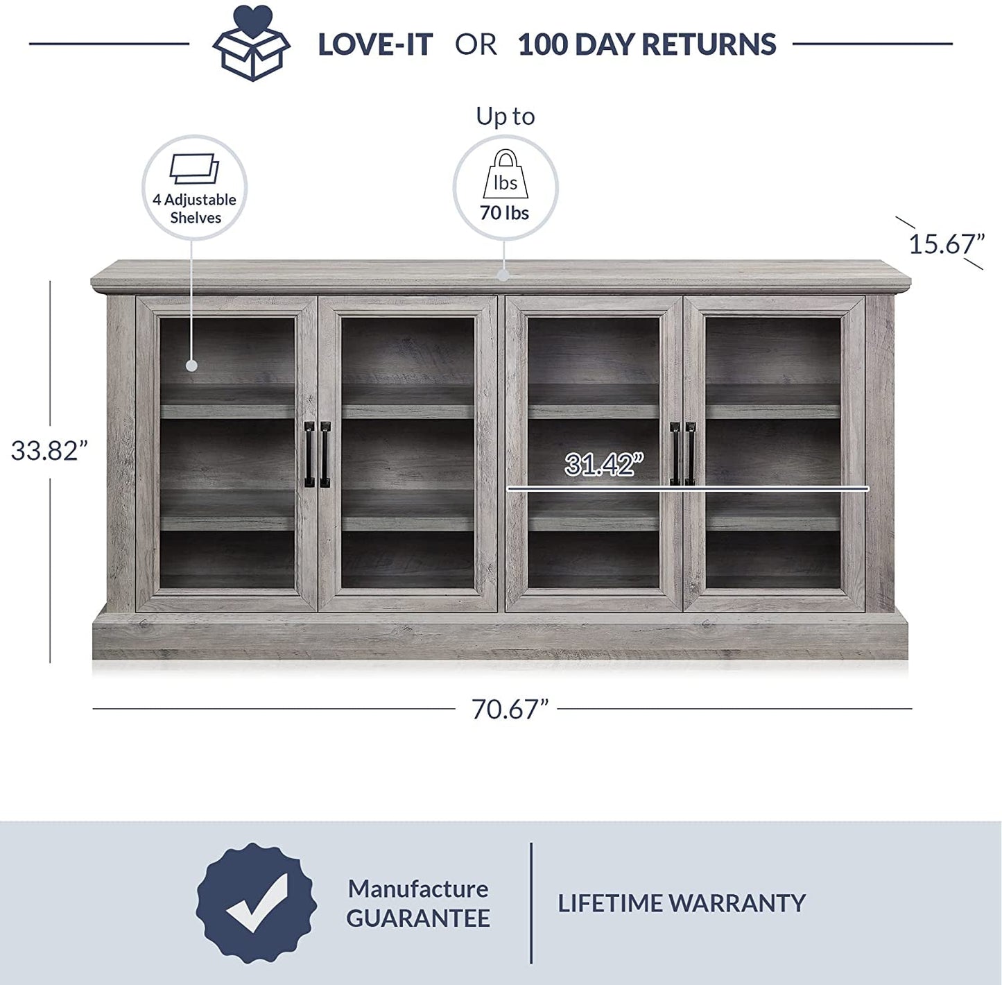 Wooden Gray Wash Sideboard with Glass Display Cabinet