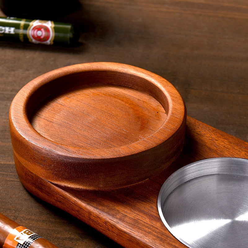 Rustic Wooden Ashtray with Cup Holder