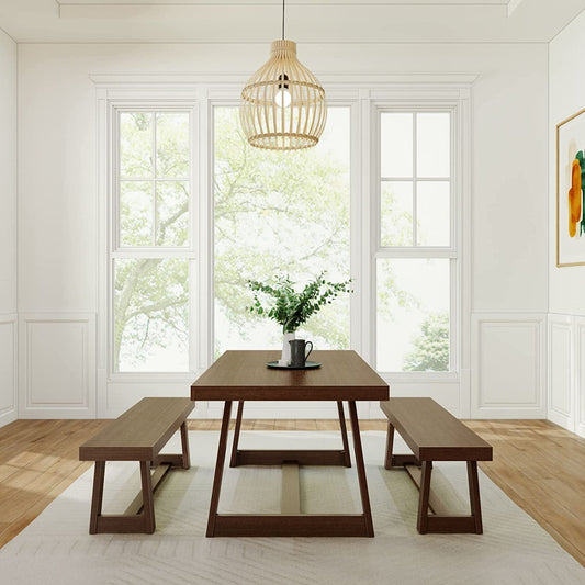 Farmhouse Solid Wood Dining Table Set with 2 Benches