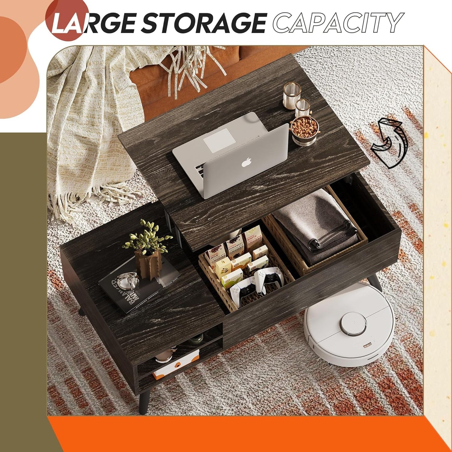 Modern Utility Coffee Table with Lift-Top Workspace & Hidden Storage
