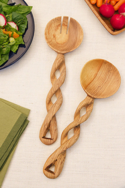 Handcrafted Olive Wood Traditional Twisted Salad Spoons
