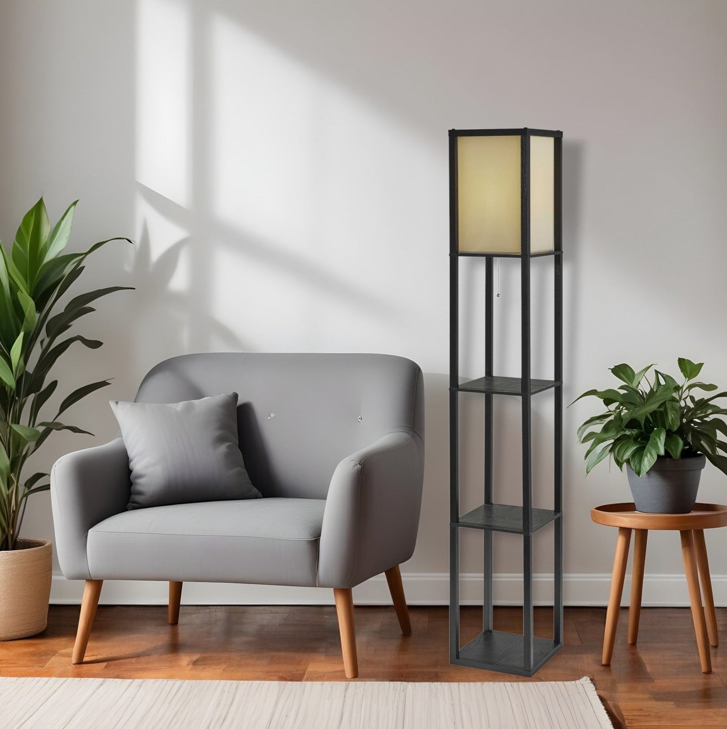 63" Black And White Solid Wood Column Floor Lamp With White Fabric