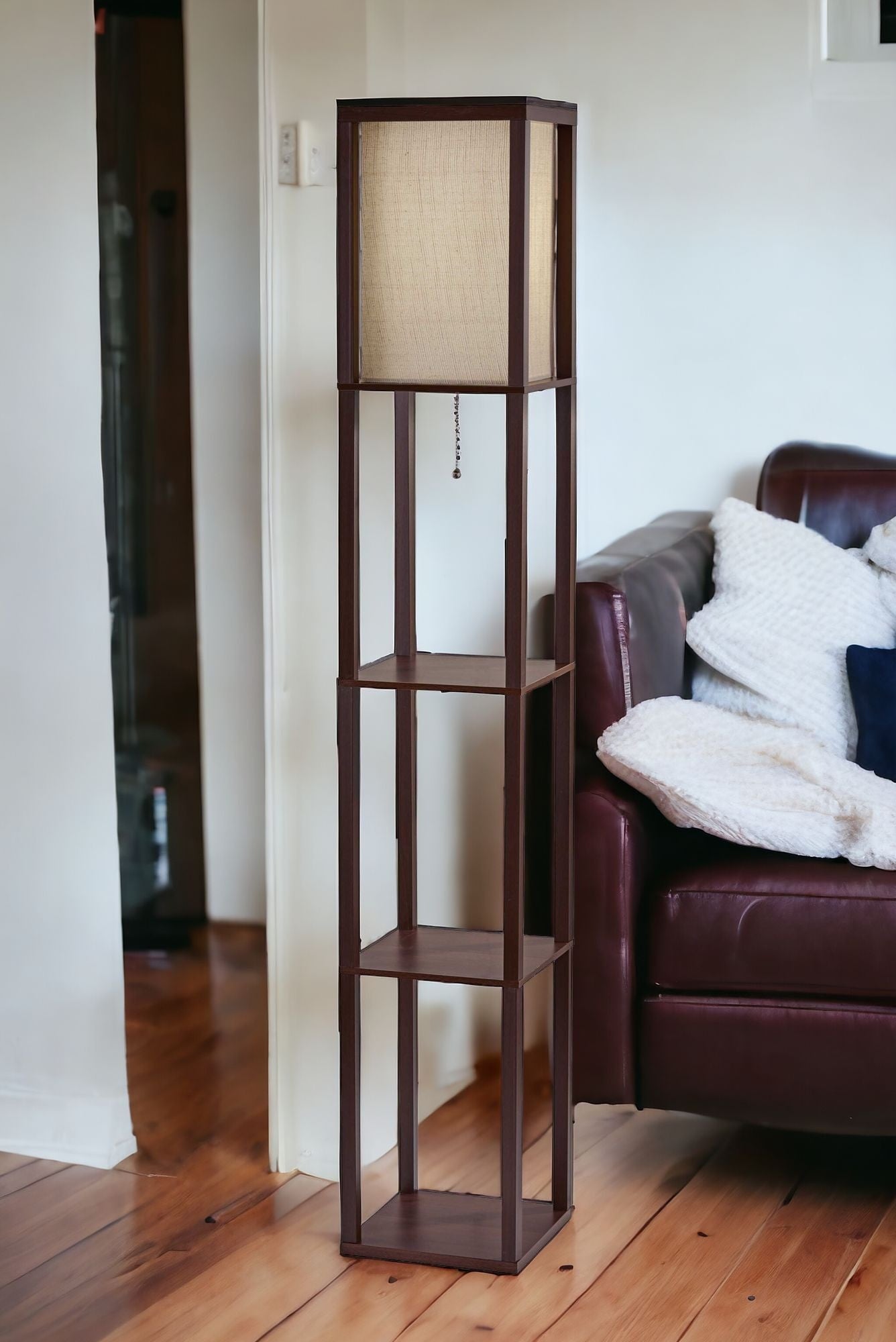 63" Black And White Solid Wood Column Floor Lamp With White Fabric