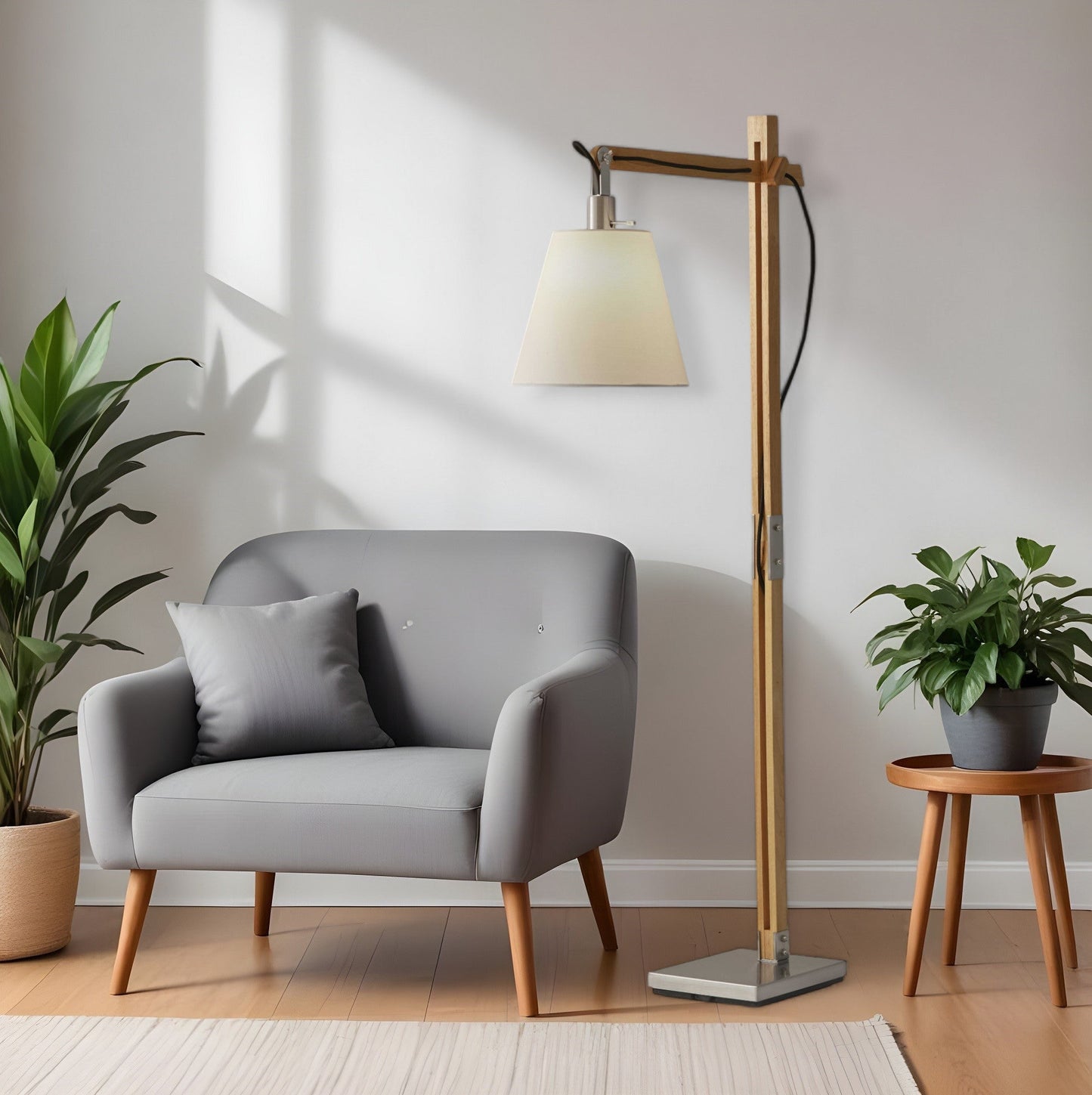 61" Natural Solid Wood Task Lamp with White Cotton Shade