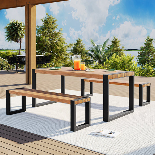 Acacia Wood Three Piece Outdoor Dining Table With Two Benches