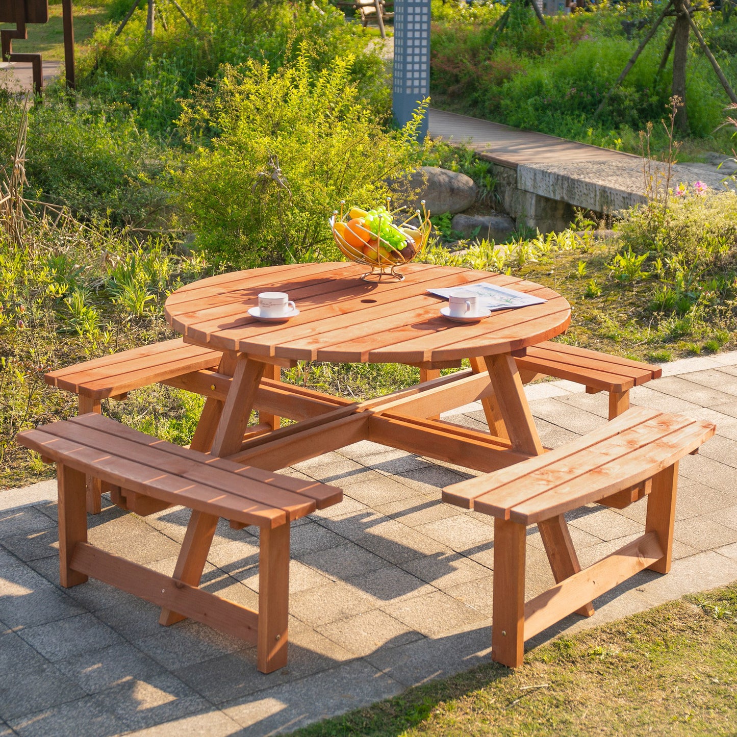 8 Seater Round Wooden Bench & Picnic Table