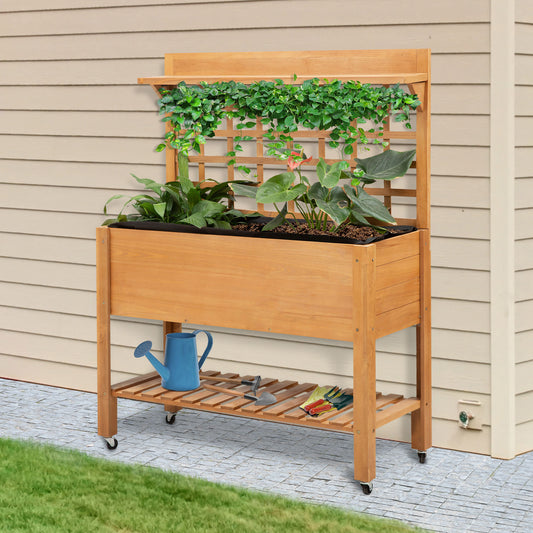 Raised Wooden Planter with Storage Shelf