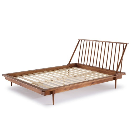 Mid-Century Modern Solid Wood Queen Platform Bed Frame With Spindle