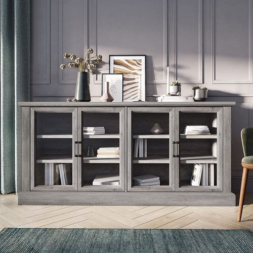 Wooden Gray Wash Sideboard with Glass Display Cabinet