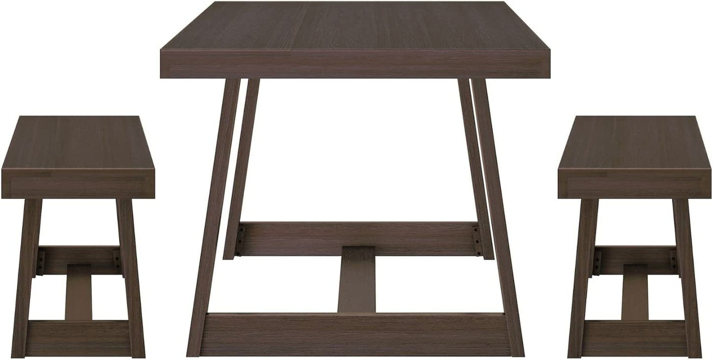 Farmhouse Solid Wood Dining Table Set with 2 Benches