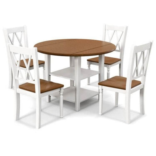 Walnut Wood Round Drop Leaf Dining Table Set with 4 Chairs