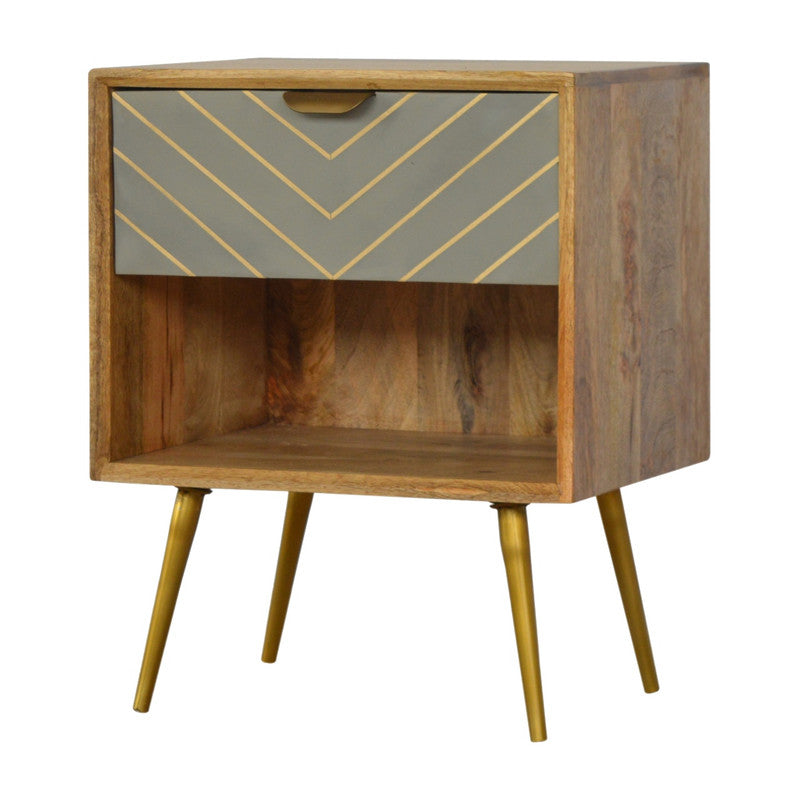 Sleek Mango Wood Nightstand with Brass Inlay