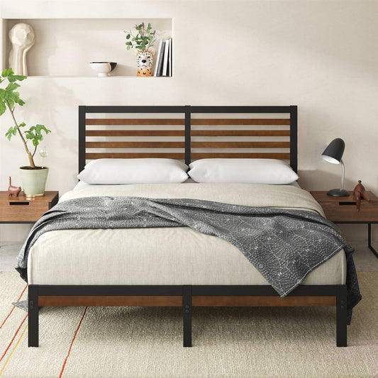 Full Metal Platform Bed Frame with Bamboo Wood Slat Headboard