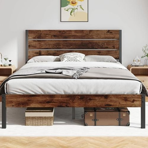 Queen size Modern Farmhouse Metal Platform Bed Frame with Brown Wood Finish