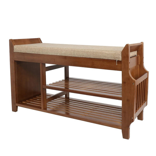 Solid Wood Entryway Shoe Rack with Cushioned Seat