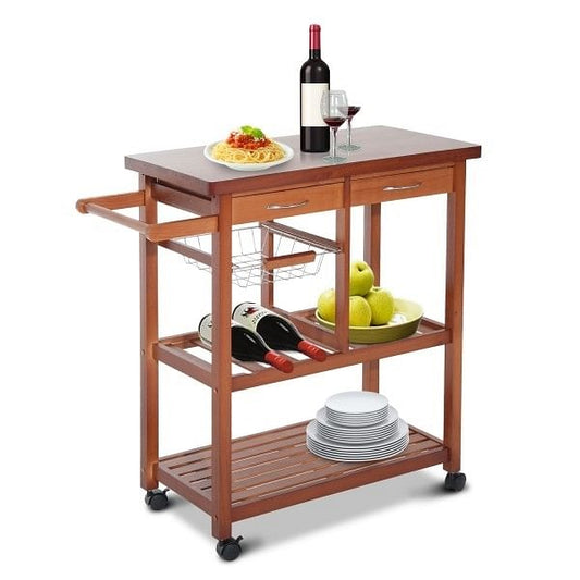 Pine Wood Kitchen Island Cart with Wine Rack and Wooden Cutting Board Top