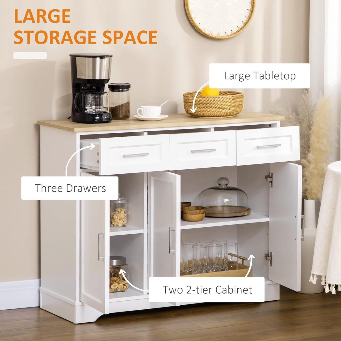 Wooden Kitchen Cabinet Sideboard with 3 Storage Drawers
