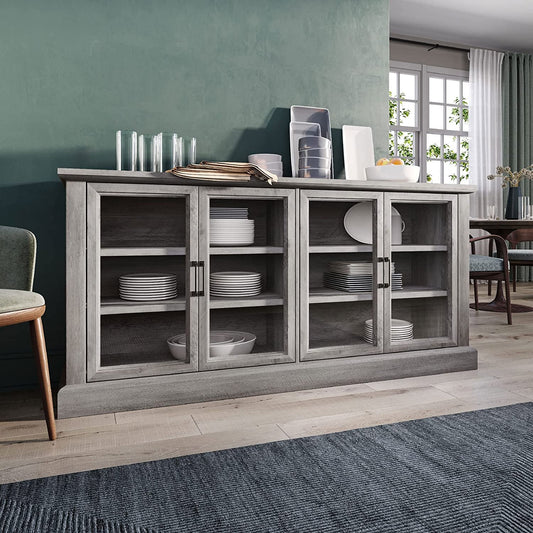 Wooden Gray Wash Sideboard with Glass Display Cabinet