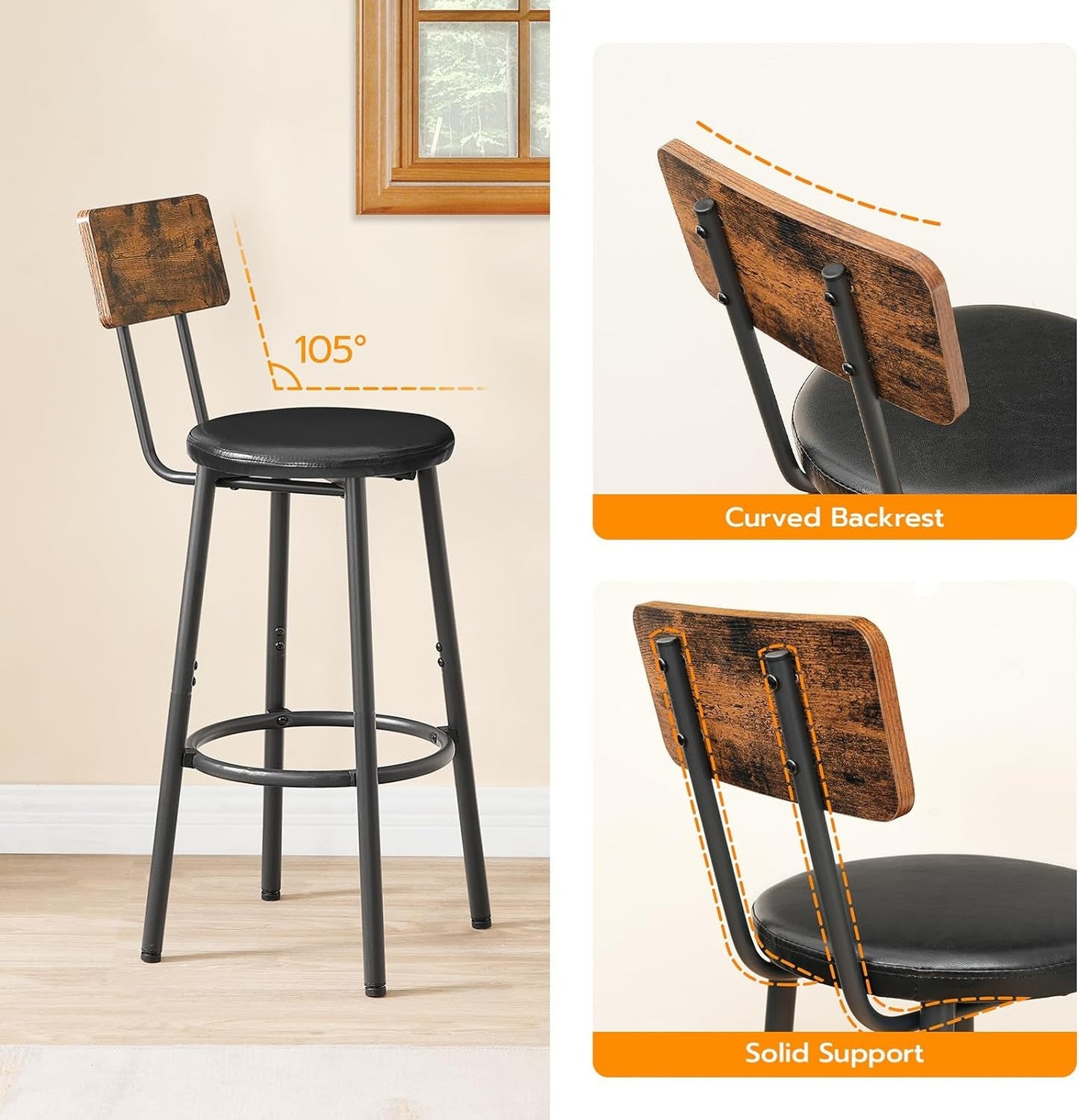 Upholstered Wooden Bar Stools - Set of 2