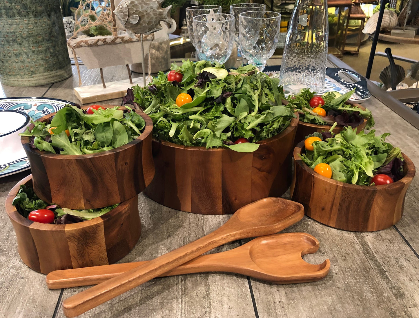 Extra Large Hard Wood Salad Bowl with Wooden Servers