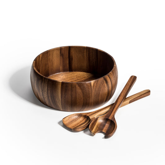 Large Acacia Wood Salad Bowl with Serving Spoons