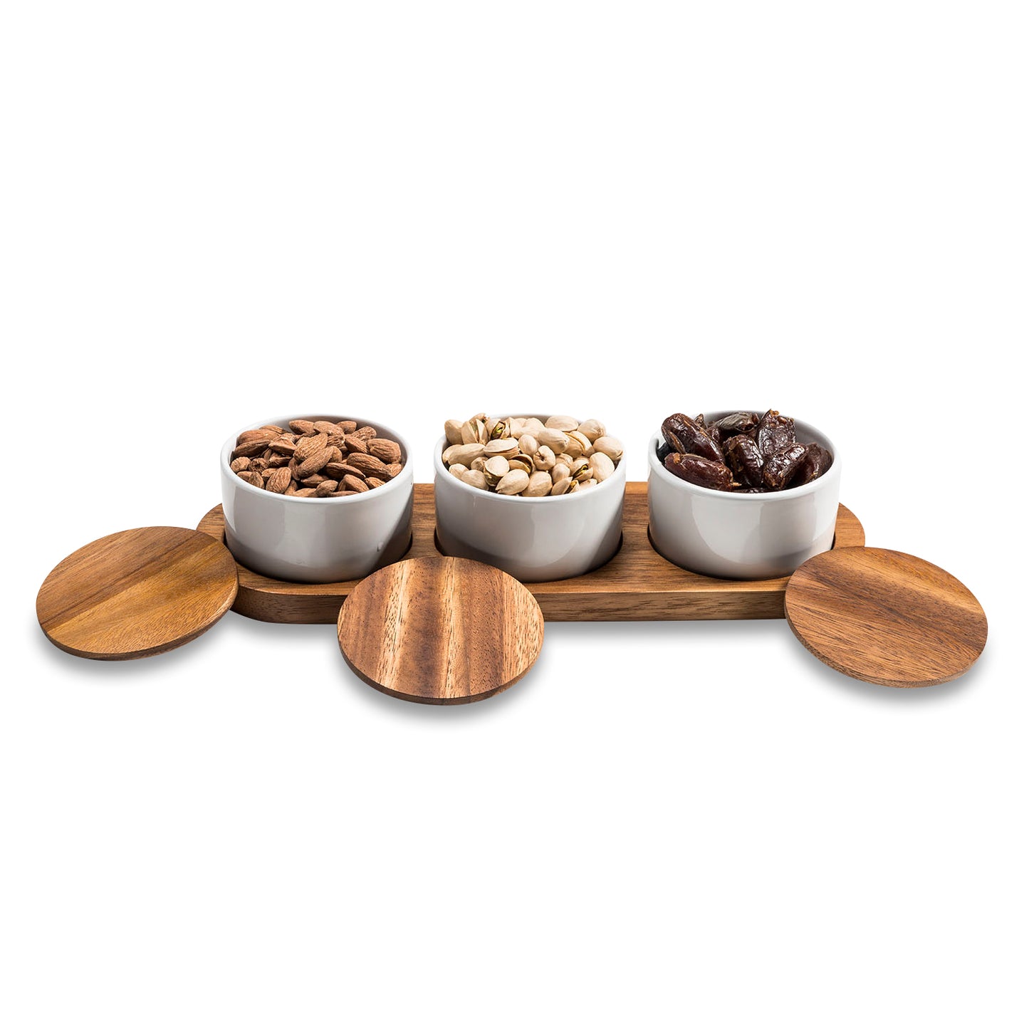 Ceramic & Acacia Wood Condiment Set on Acacia Wood Base