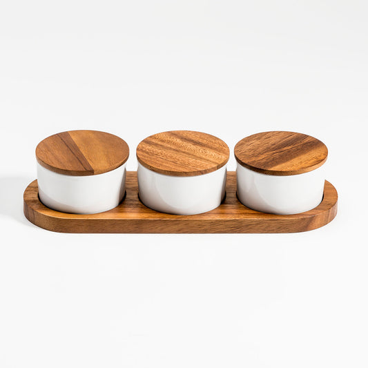 Ceramic & Acacia Wood Condiment Set on Acacia Wood Base
