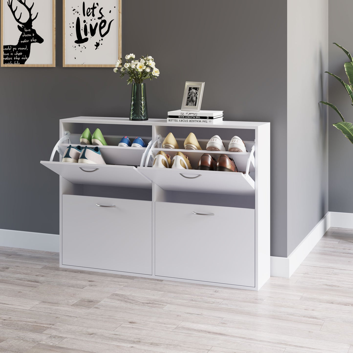 HOMCOM Flip Down Wooden Shoe Storage Multi Cabinet Shelf Rack
