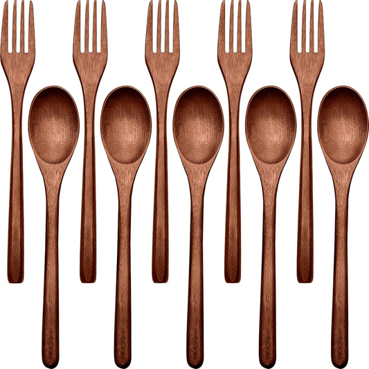 Handmade Wooden Spoons & Forks Set Of 10 Size 8.9 Inch