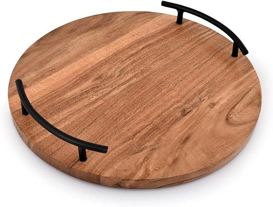 Round Wooden Serving Tray with Iron Handles