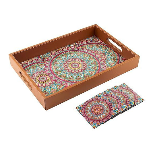 Wooden Tray & Four Coaster Set